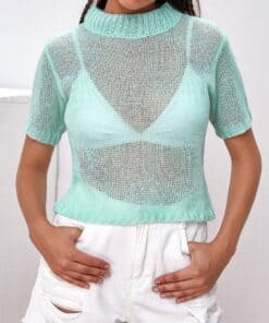 Mock Neck Sheer Knit Top Without Bra