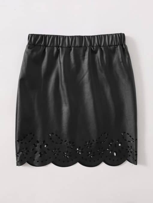 SHEIN Girls Elastic Waist Laser Cut Scallop Hem Leather Look Skirt - Image 2