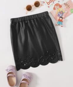SHEIN Girls Elastic Waist Laser Cut Scallop Hem Leather Look Skirt