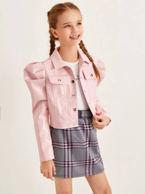 SHEIN Girls Gigot Sleeve Flap Pocket PU Leather Jacket - Pink Shop
