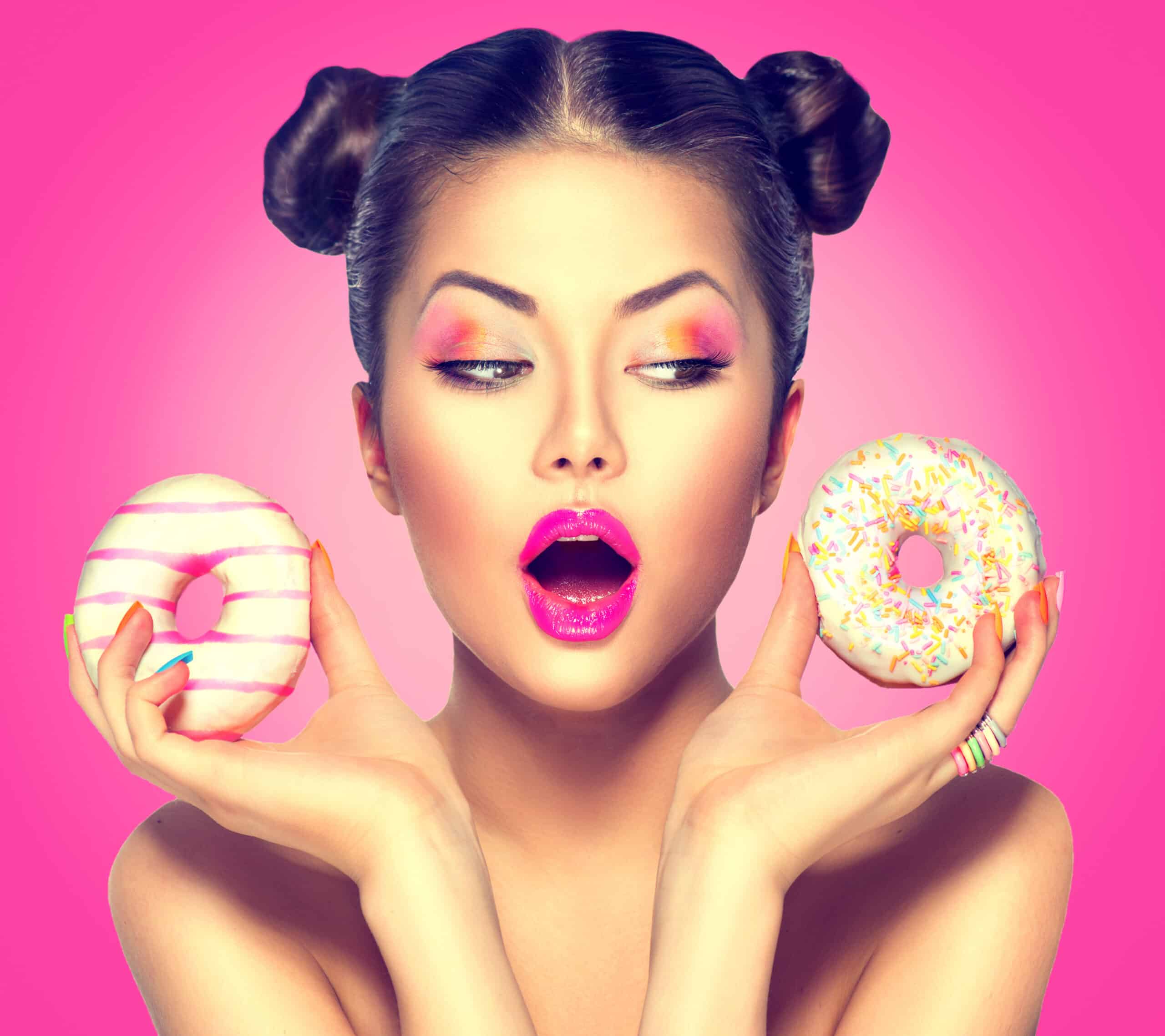 Beauty fashion model girl taking colorful donuts. Funny joyful woman with sweets, dessert. Diet, dieting concept. Junk food, Slimming, weight loss (100 matches)