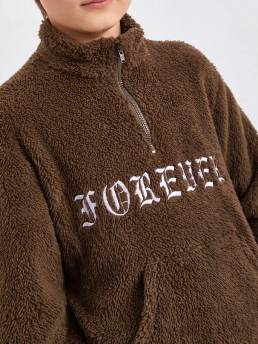 SHEIN Boys Zip Half Placket Letter Embroidery Pouch Pocket Teddy Sweatshirt - Image 2