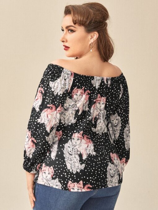 sHEIN Plus Cat And Polka Dot Print Bardot Blouse - Image 2