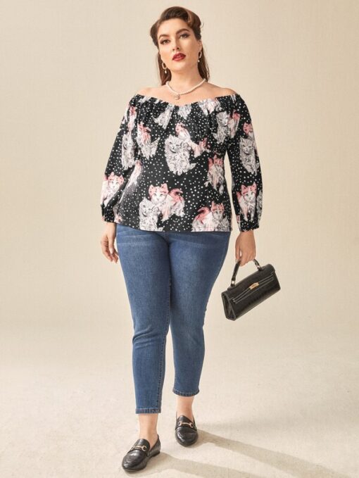 sHEIN Plus Cat And Polka Dot Print Bardot Blouse - Image 3