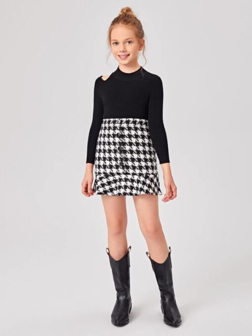 SHEIN Girls Buttoned Front Ruffle Hem Houndstooth Skirt - Image 2