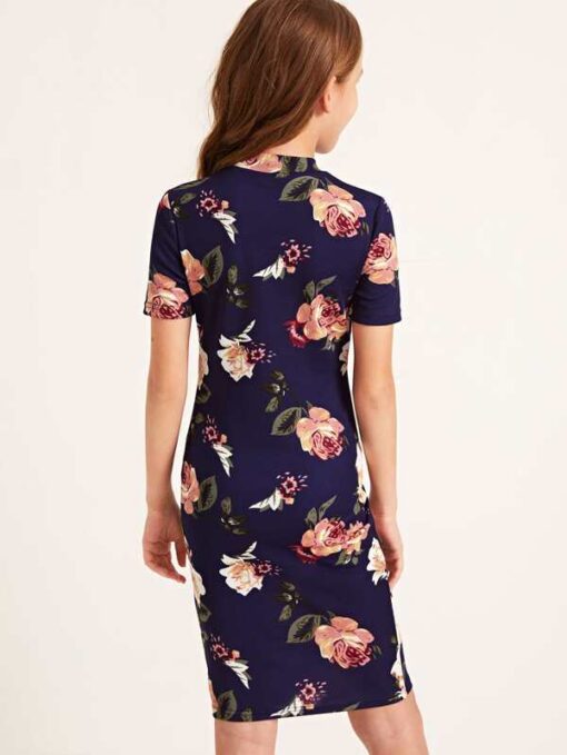 SHEIN Girls Mock Neck Floral Print Dress - Image 3