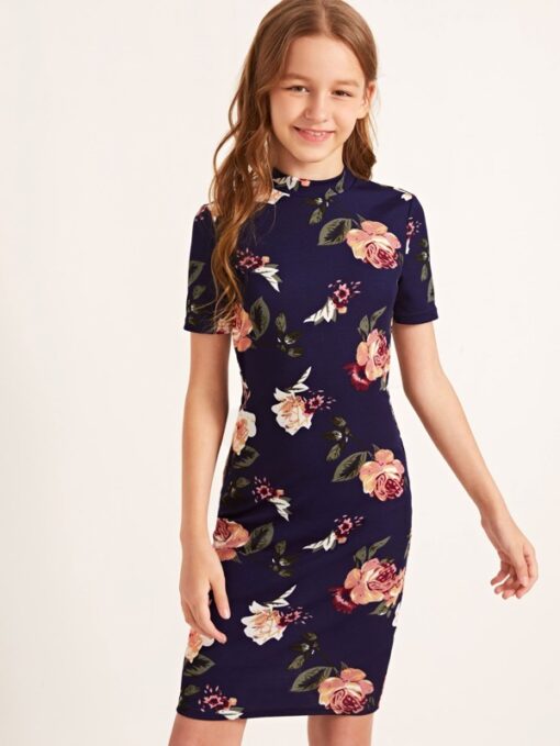 SHEIN Girls Mock Neck Floral Print Dress - Image 4