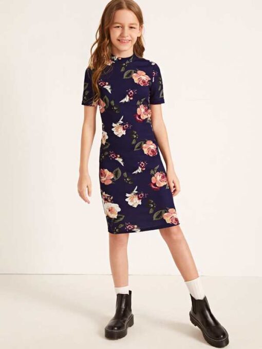 SHEIN Girls Mock Neck Floral Print Dress - Image 2