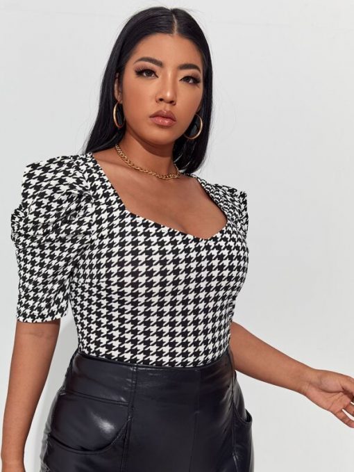 SHEIN Plus Puff Sleeve Houndstooth Top - Image 4