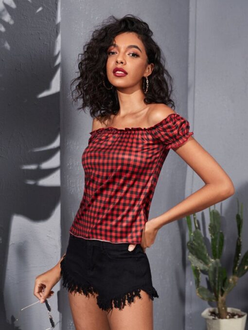 Shein Off-shoulder Frill Trim Gingham Tee - Image 4