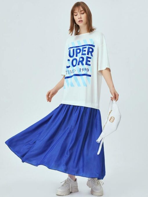 SHEIN Drop Shoulder Contrast Ruffle Hem Letter Graphic Dress