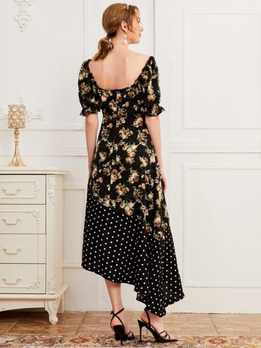 Shein Puff Sleeve Sweetheart Neck Floral And Dot Asymmetrical Hem Dress