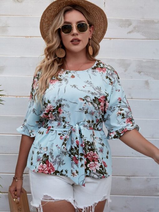Shein Plus Floral Print Flounce Sleeve Belted Blouse