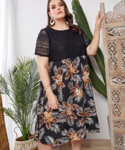 SHEIN Plus Guipure Lace Overlay Bodice Tropical Dress