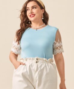 Shein Plus Contrast Lace Sleeve Tee