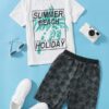 SHEIN Boys Slogan and Coconut Tree Print Top & Shorts Set