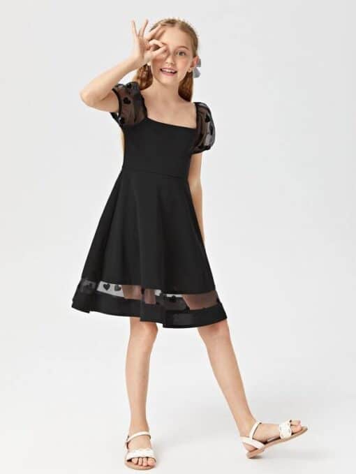 SHEIN Girls Puff Sleeve Heart Sheer Mesh Insert Dress - Image 3