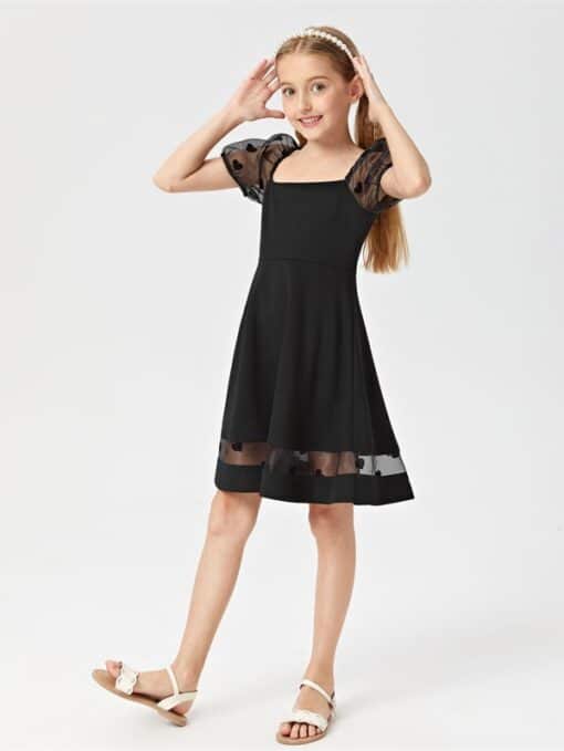 SHEIN Girls Puff Sleeve Heart Sheer Mesh Insert Dress - Image 2