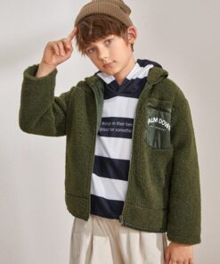 SHEIN Boys Zip Up Letter Graphic Teddy Coat