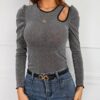 SHEIN Cut Out Contrast Binding Gigot Sleeve Glitter Tee