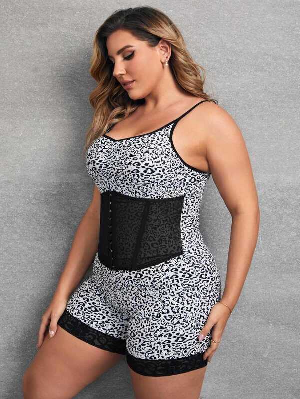 SHEIN Plus Leopard Contrast Mesh Shapewear Bodysuit - Pink Shop