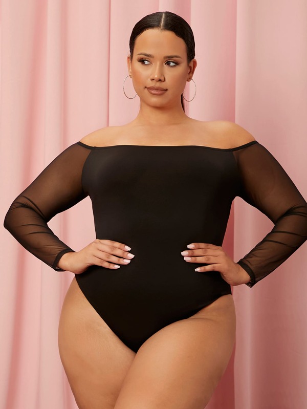 Women's Plus Size Sexy Bodysuit, Off Shoulder Twist Knot Mesh Long