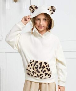 SHEIN Girls Leopard Print 3D Ear Patched Fleece Hoodie