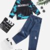 SHEIN Toddler Boys Tie Dye Letter Graphic Pullover & Ripped Jeans