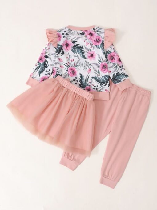 SHEIN Toddler Girls Floral Print Ruffle Trim Pullover & Sweatpants With Bow Front Skirt - Image 3