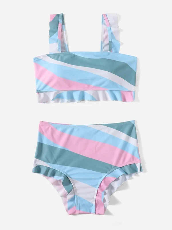 SHEIN Swim SPRTY Color Block Bikini Set Zipper Front Tank Top