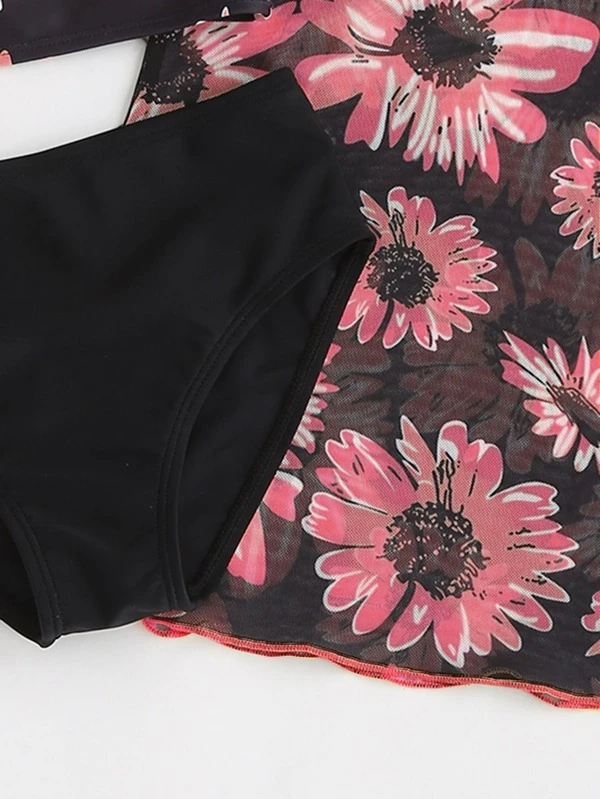 3pack Girls Sunflower Print Bikini Swimsuit & Swim Shorts