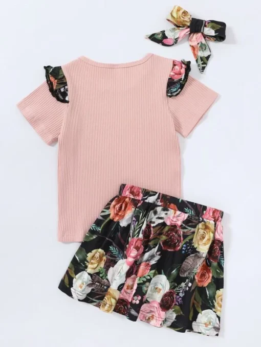 Shein Toddler Girls Ribbed Ruffle Trim Tee & Floral Print Skirt & Headband - Image 2