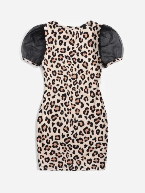 SHEIN Toddler Girls Leopard Print Contrast Mesh Puff Sleeve Dress - Image 2