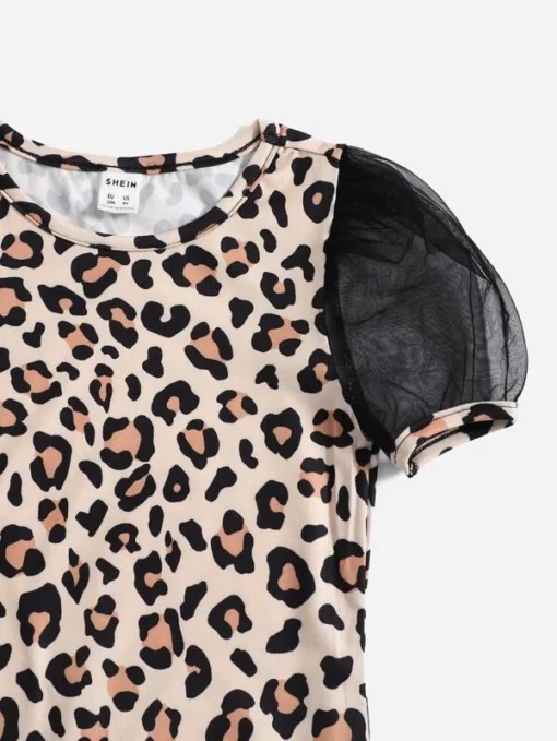 SHEIN Toddler Girls Leopard Print Contrast Mesh Puff Sleeve Dress - Image 3