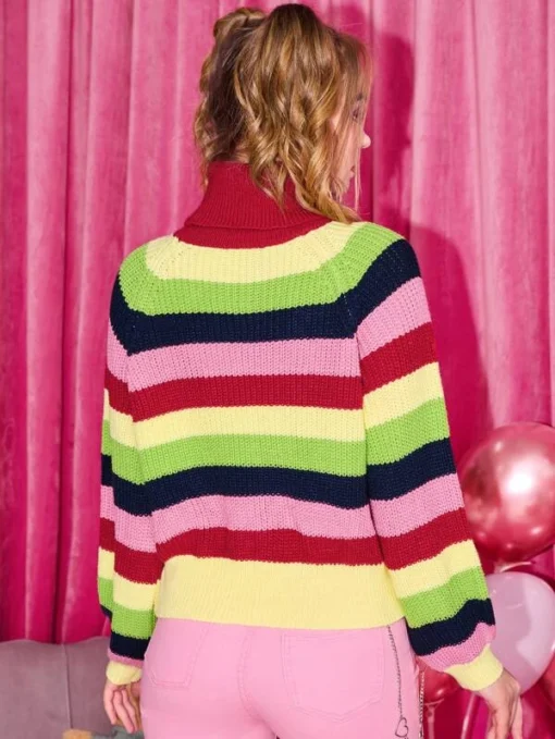 SHEIN High Neck Colorblock Striped Pattern Raglan Sleeve Sweater - Image 2