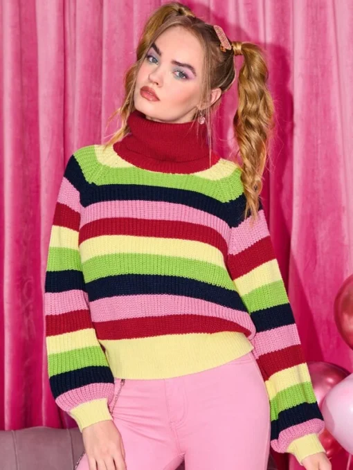 SHEIN High Neck Colorblock Striped Pattern Raglan Sleeve Sweater - Image 4