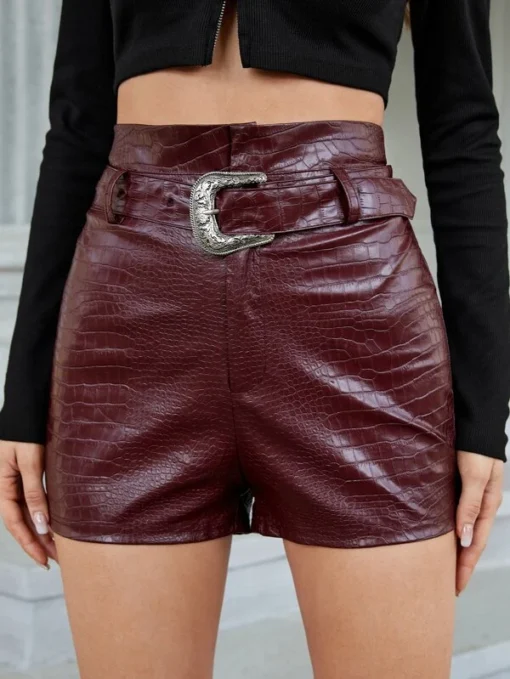 SHEIN Crocodile Embossed PU Leather Shorts With Belt