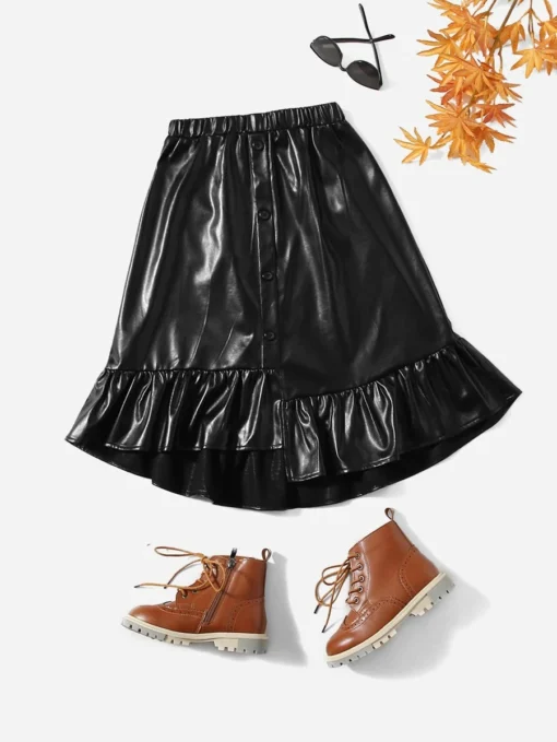SHEIN Girls Ruffle Asymmetrical Hem PU Leather Skirt
