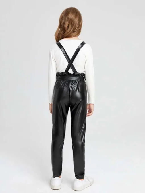 SHEIN Girls Zip Front Belted Patent Suspender Jumpsuit Without Tee - Image 2