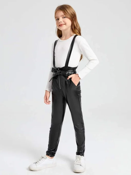 SHEIN Girls Zip Front Belted Patent Suspender Jumpsuit Without Tee - Image 3