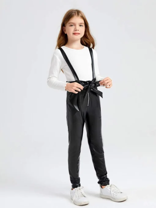 SHEIN Girls Zip Front Belted Patent Suspender Jumpsuit Without Tee - Image 4