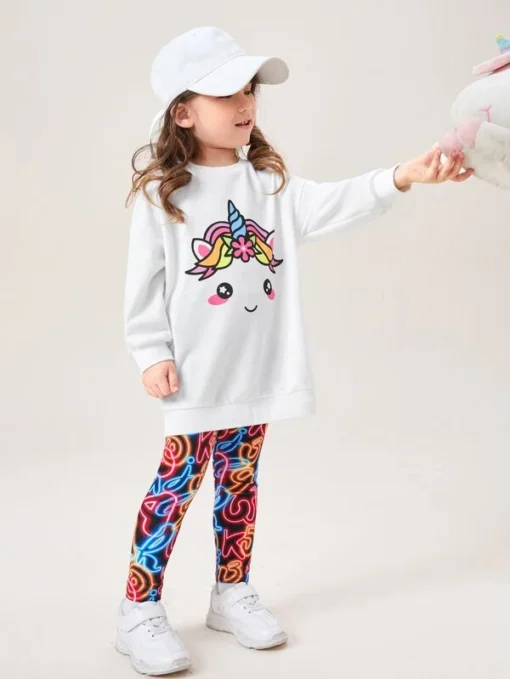 SHEIN Toddler Girls Cartoon Unicorn Print Drop Shoulder Pullover & Graphic Print Leggings - Image 3