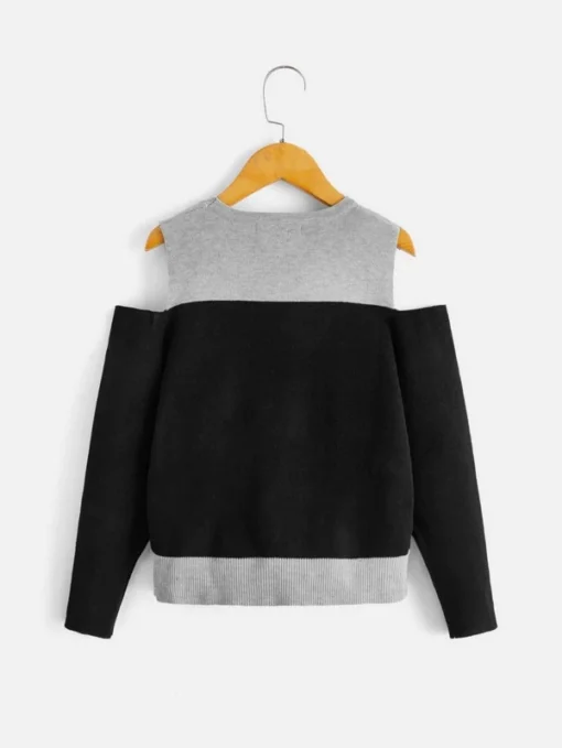 Shein  Girls Two Tone Button Detail Cold Shoulder Sweater - Image 2