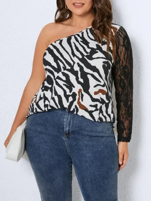 Shein Plus Zebra Striped Contrast Lace One Shoulder Top - Image 2