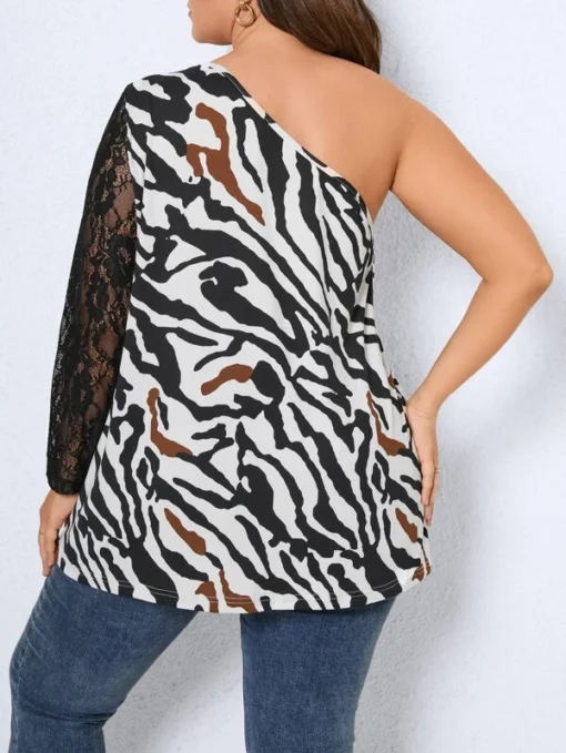 Shein Plus Zebra Striped Contrast Lace One Shoulder Top - Image 3