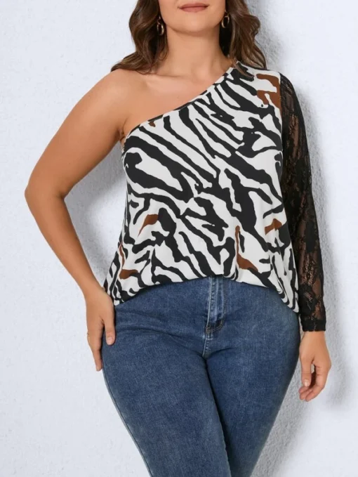 Shein Plus Zebra Striped Contrast Lace One Shoulder Top - Image 4