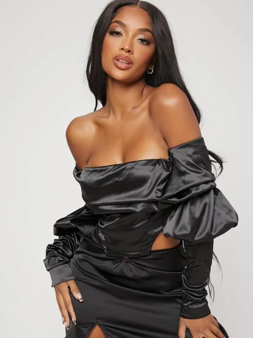 SHEIN SXY Off Shoulder Gigot Sleeve Asymmetrical Hem Satin Top - Image 3