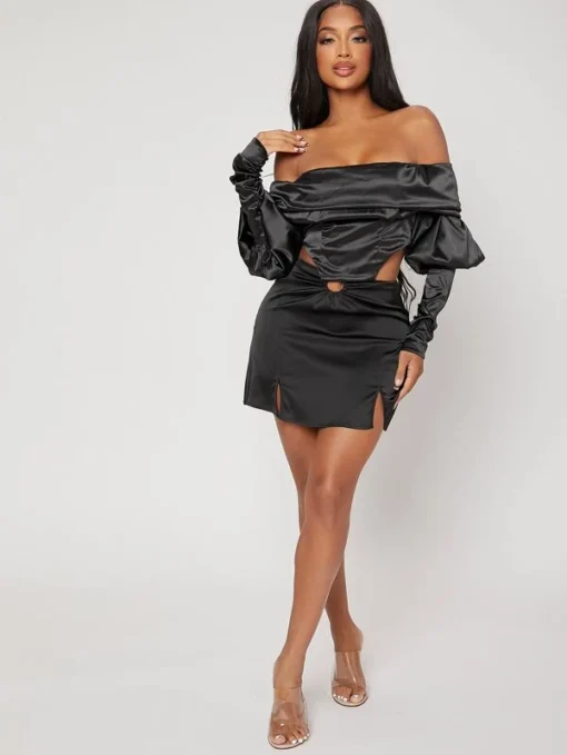 SHEIN SXY Off Shoulder Gigot Sleeve Asymmetrical Hem Satin Top - Image 4