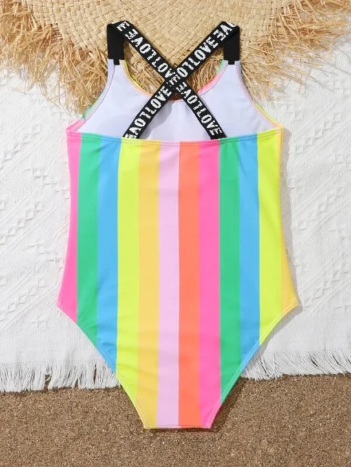 Shein Girls Rainbow Stripe Letter Graphic Cross Back One Piece Swimsuit - Image 2