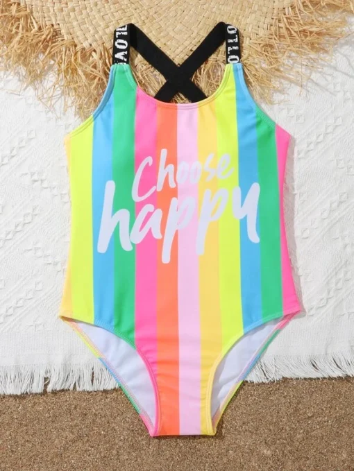 Shein Girls Rainbow Stripe Letter Graphic Cross Back One Piece Swimsuit - Image 3